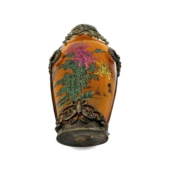 Vintage Chinese Glass SNUFF BOTTLE Floral Design and Metal Overlay 3 Inch Tall - Picture 1 of 10